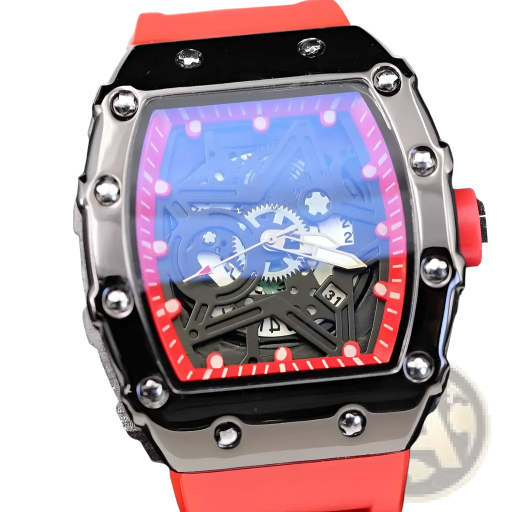 Red silicone strap skeleton quartz watch for men with black silver case and exposed blue mechanical movement