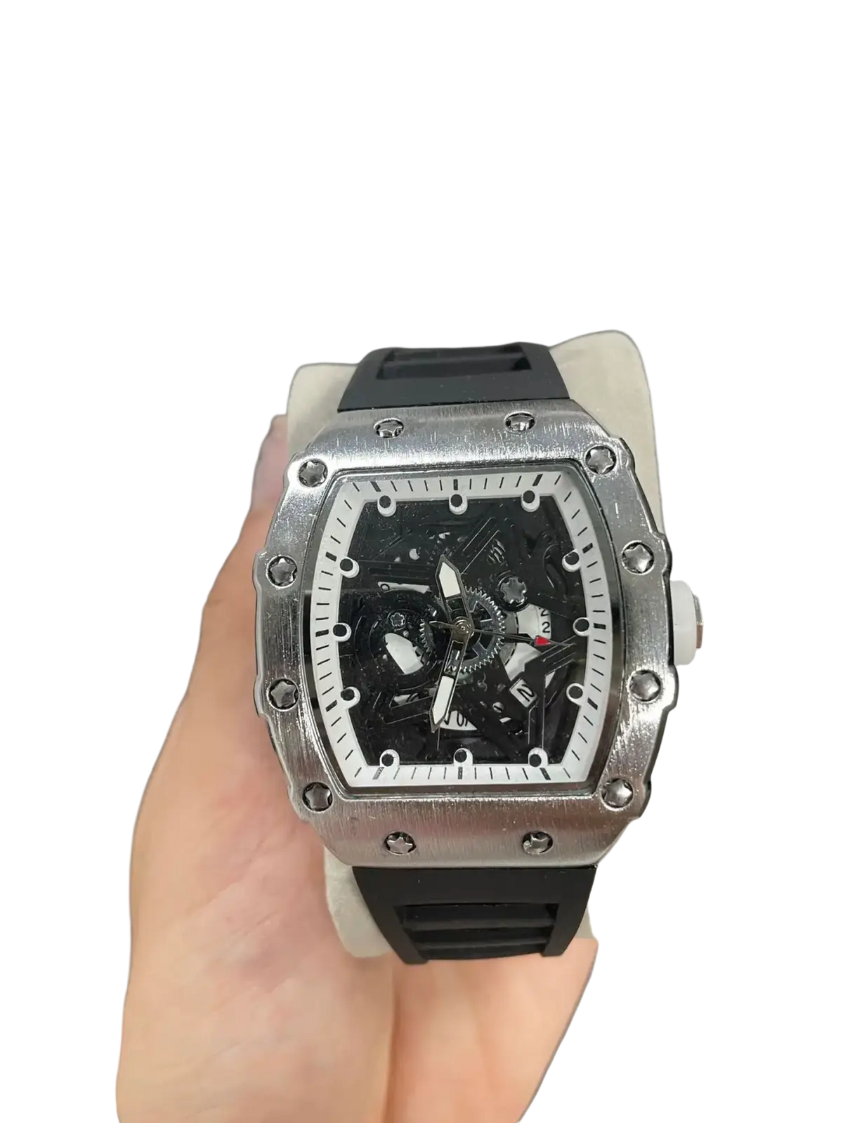 Skeleton quartz watch men with silver square case, blue dial, black rubber strap, and exposed mechanical gears