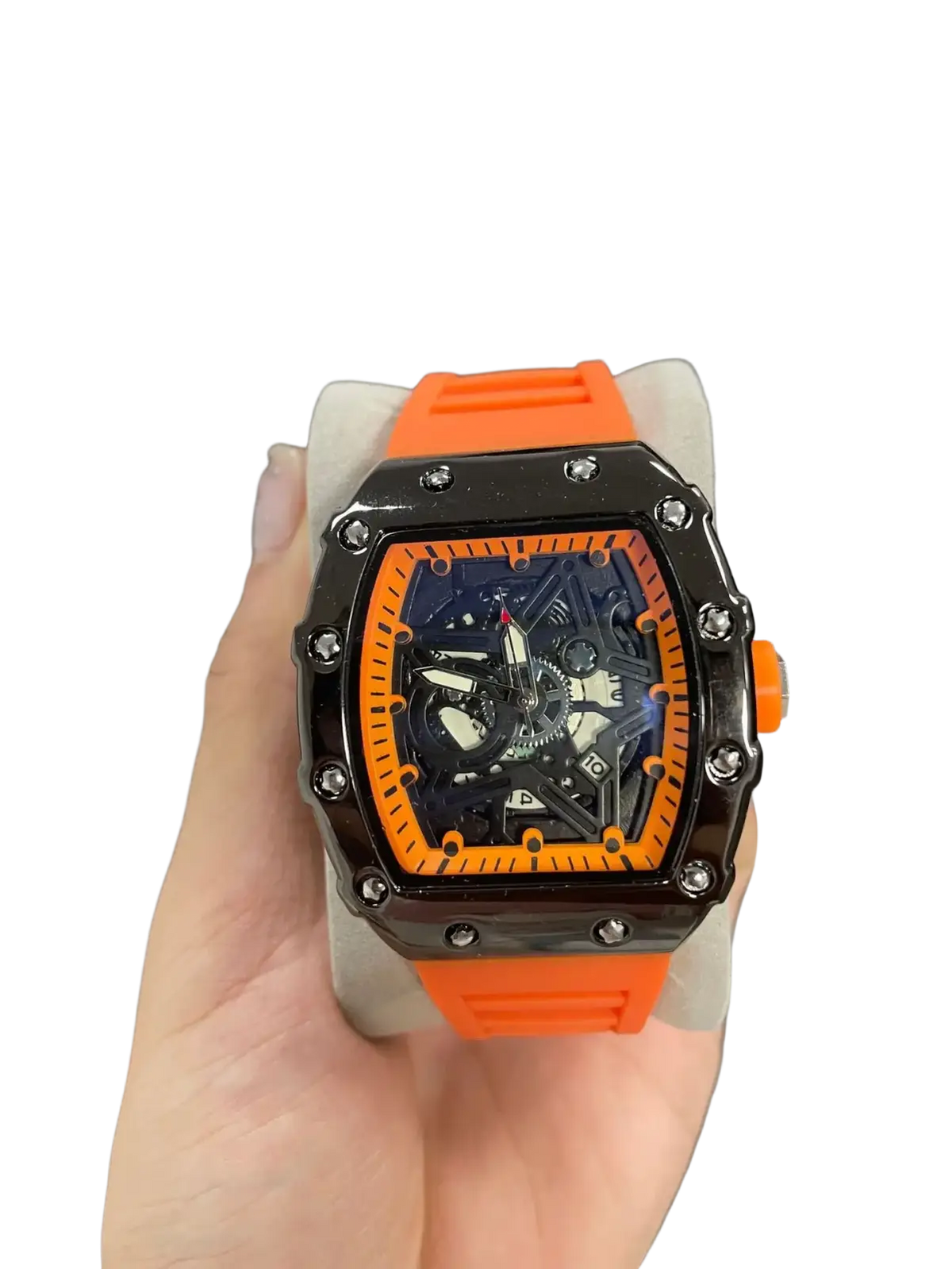Skeleton quartz watch blue dial men with vibrant orange rubber strap black case and skeletonized mechanical gears