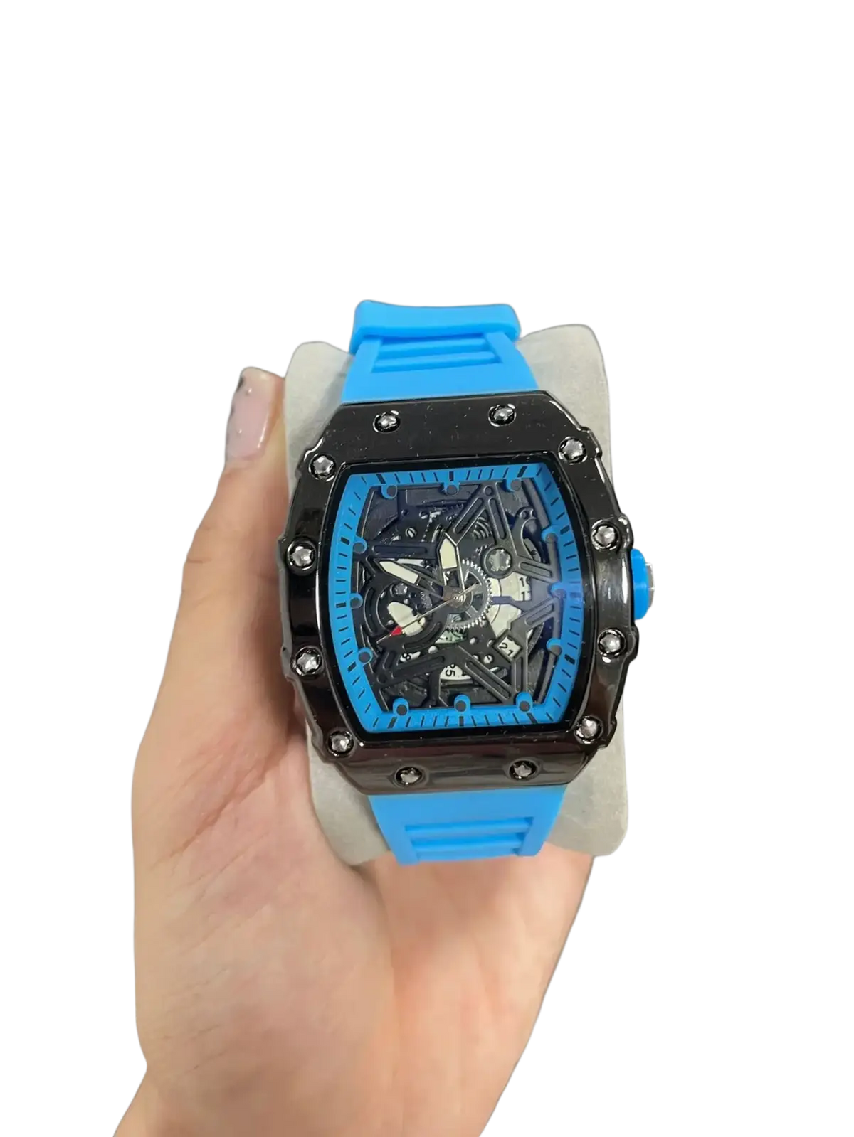 Skeleton quartz watch men with vibrant blue rubber strap black case and skeletonized dial featuring exposed gears