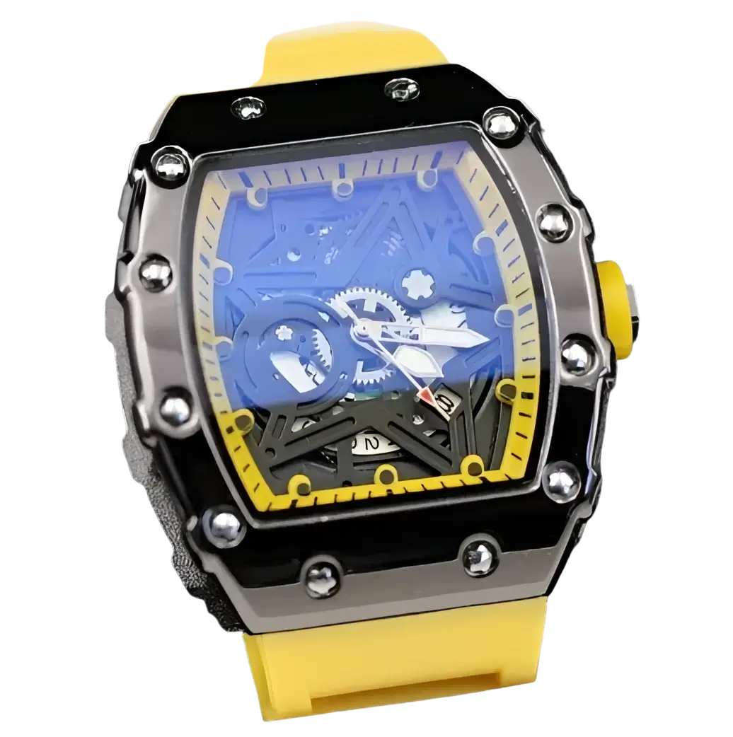Yellow and black richard mille skeleton quartz watch with a blue skeleton dial for men in tonneau shape