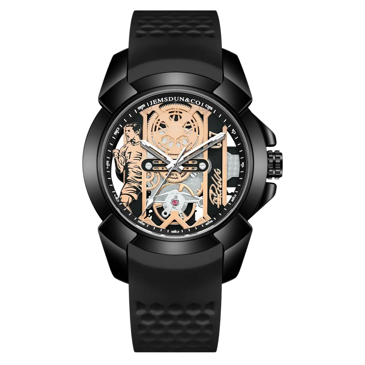 Black tactical skeleton tiger quartz sports watch with rose gold gears and black rubber strap for active wear