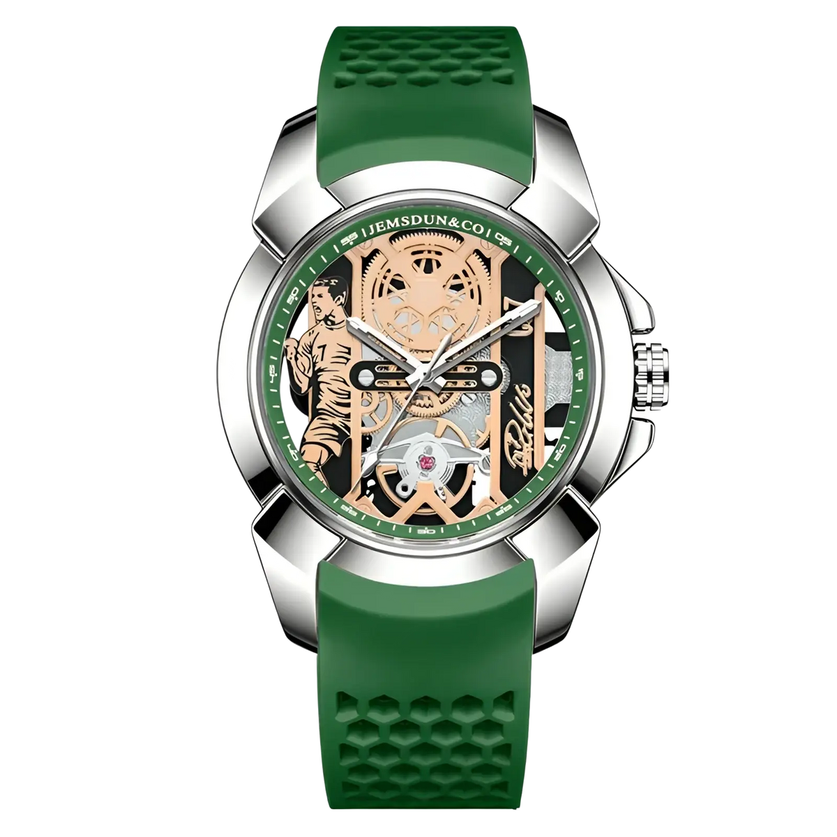 Skeleton tiger quartz sports watch with a bold green silicone strap silver case and intricate tiger and football dial