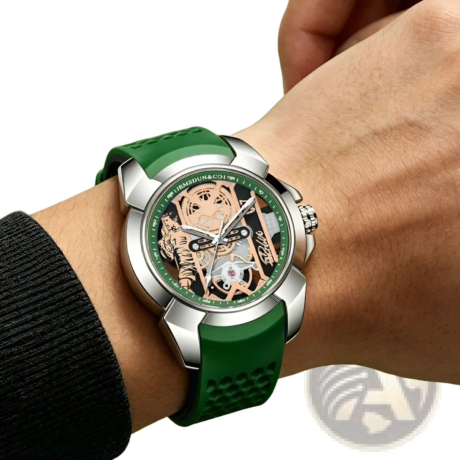 Skeleton tiger quartz sports watch featuring a bold green and silver skeleton dial with tiger motif and green silicone strap