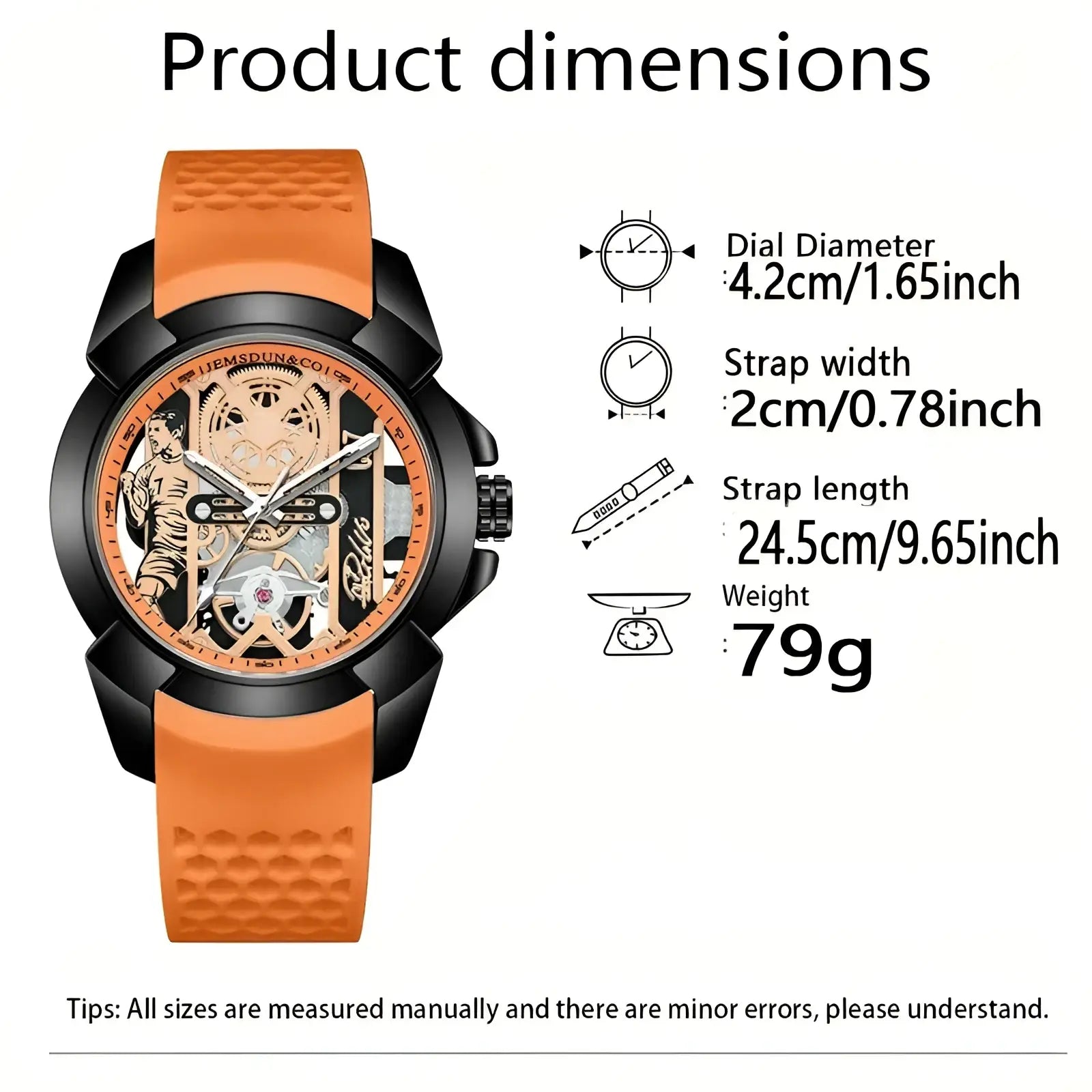 Orange and black skeleton quartz sports watch with a textured rubber strap and green silicone accents