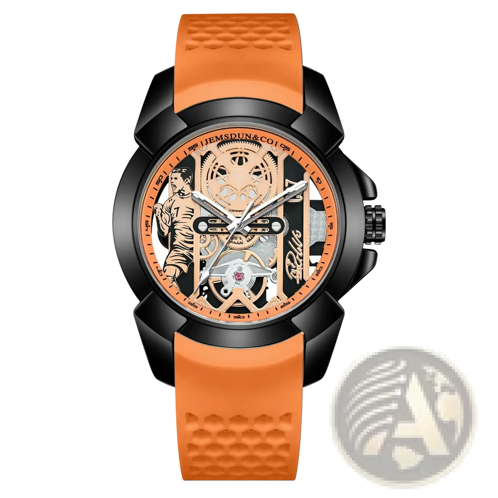 Orange and black skeleton quartz sports watch with textured rubber strap and green silicone details for active use