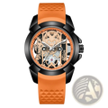 Orange and black skeleton quartz sports watch with textured rubber strap and green silicone details for active use