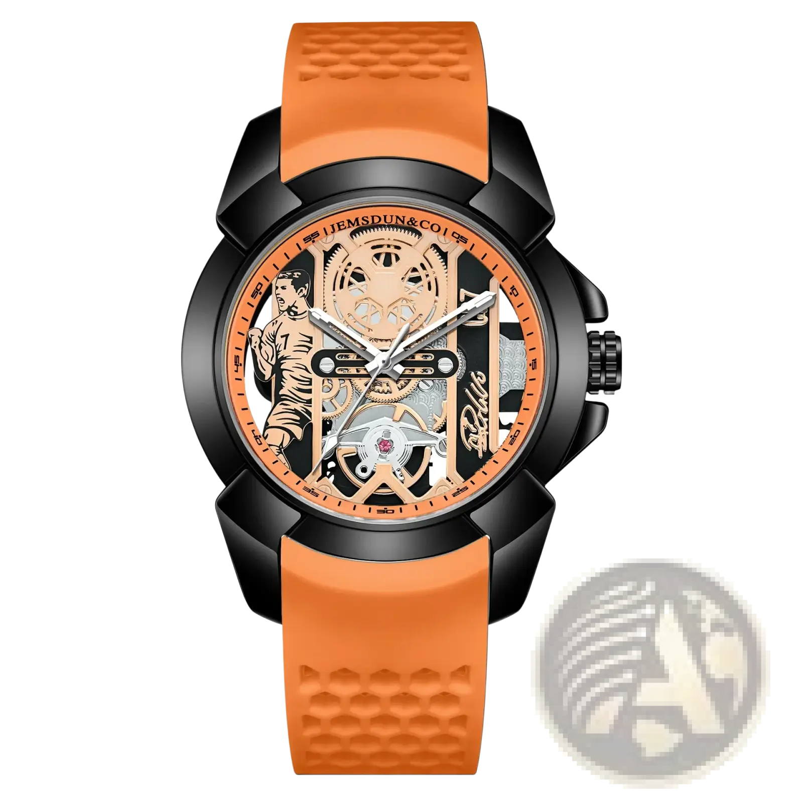 Orange and black skeleton quartz sports watch with textured rubber strap and green silicone details for active use