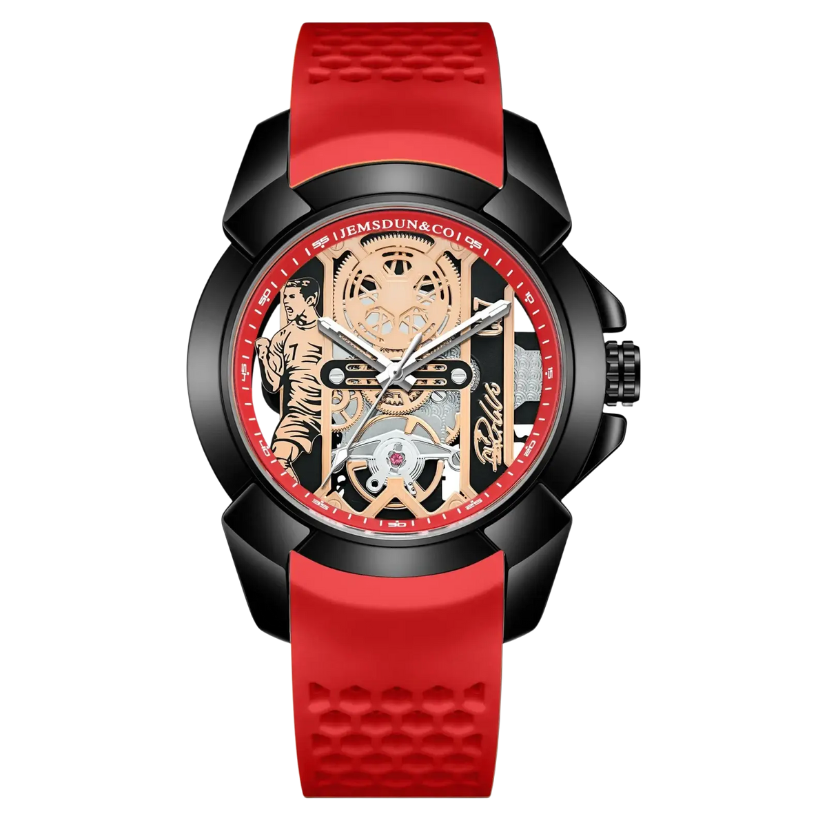 Red and black skeleton quartz sports watch with exposed gears and illustrated dial figure on green silicone strap