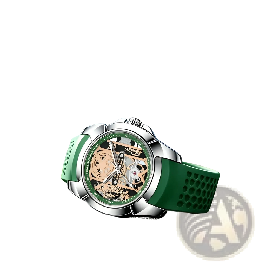 Skeleton Tiger quartz sports watch with green silicone strap silver case and visible mechanical movement