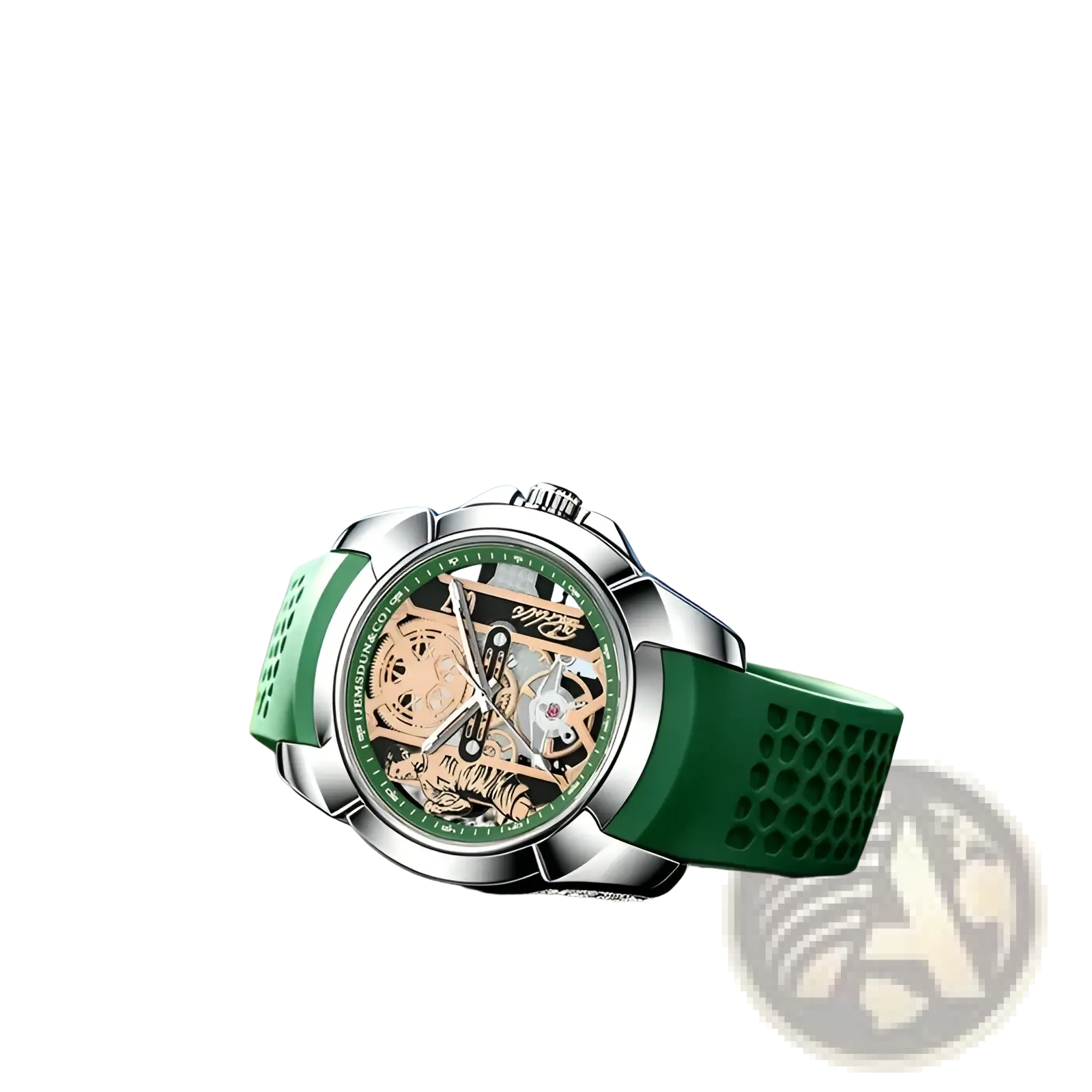 Skeleton Tiger quartz sports watch with green silicone strap silver case and visible mechanical movement