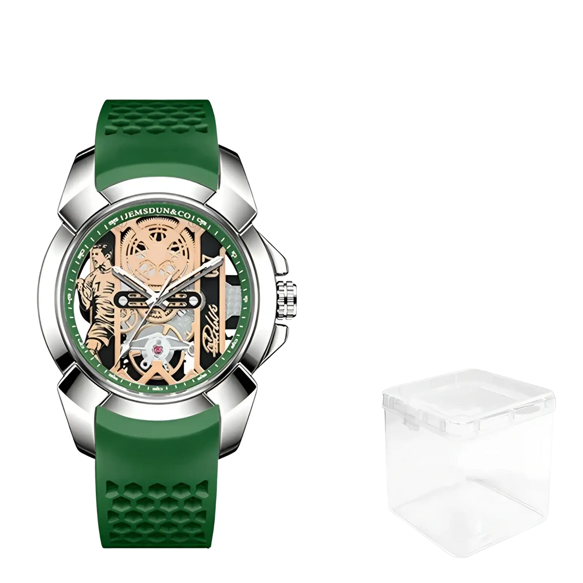 Skeleton tiger quartz sports watch with green silicone strap silver-toned case and gold-tone skeletonized dial