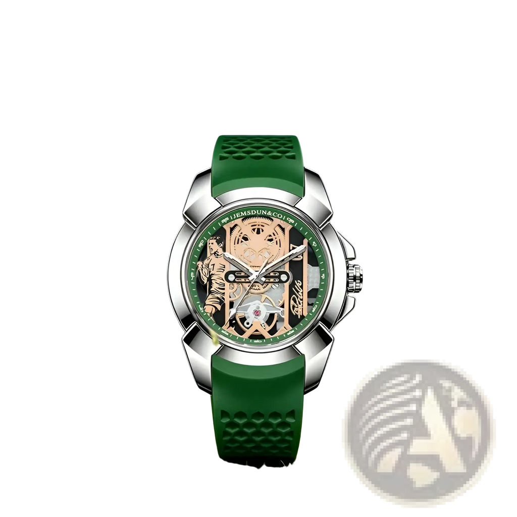 Skeleton tiger quartz sports watch with green silicone strap silver-toned case and skeletonized dial with gold gears and tiger motif