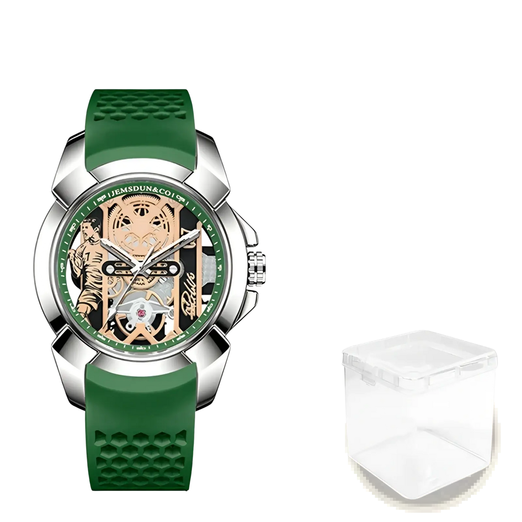 Skeleton tiger quartz sports watch with green silicone strap silver-toned case and gold-tone skeletonized dial