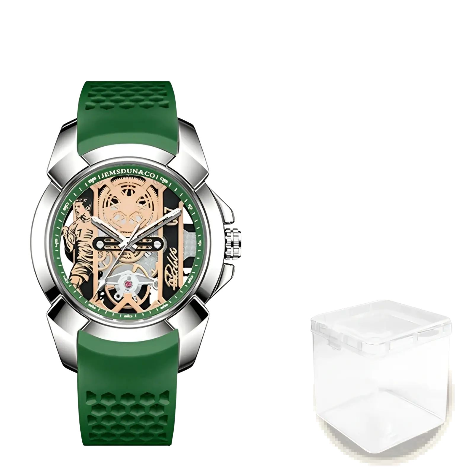Skeleton tiger quartz sports watch with green silicone strap silver-toned case and gold-tone skeletonized dial