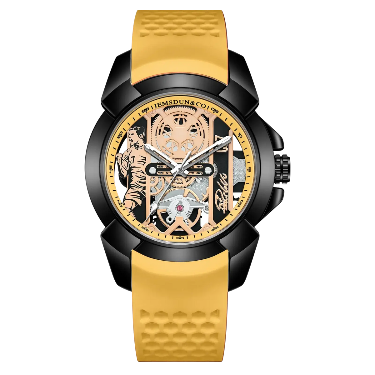 Skeleton tiger quartz sports watch with yellow and black skeleton dial and green textured silicone strap