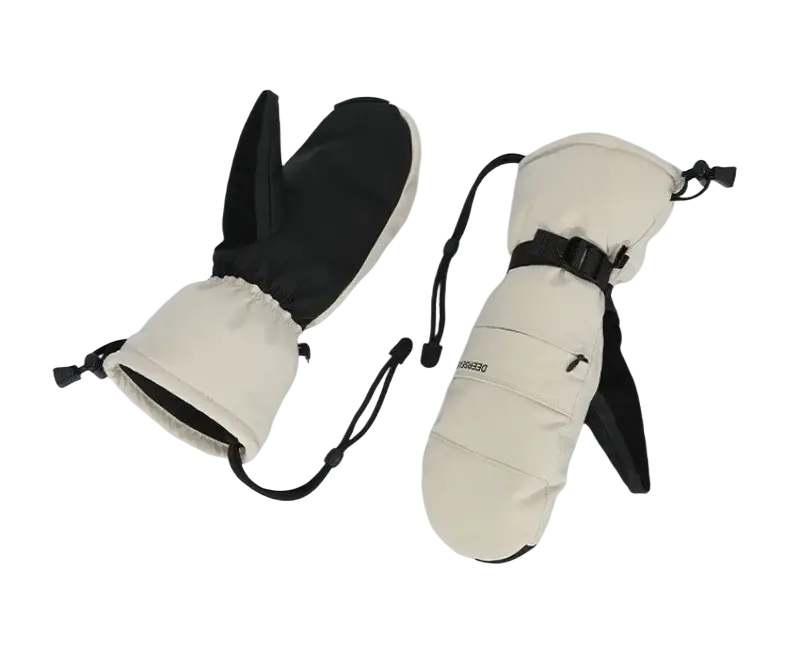 Beige and black insulated ski mittens with adjustable wrist straps and front pocket for cold weather and snowboarding