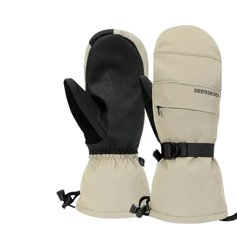 Beige and black deerseven 3m thinsulate insulated ski mittens with adjustable strap closure for cold weather and snowboarding