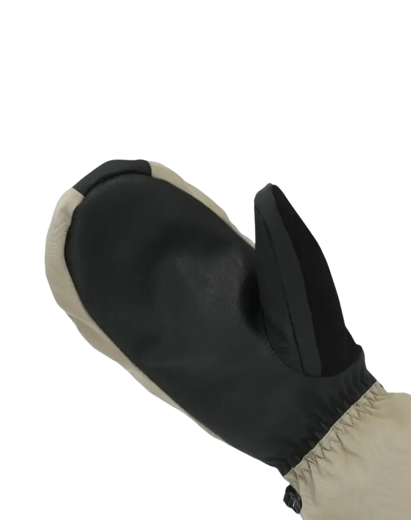 Black and beige touchscreen ski mittens with waterproof cold weather design for snowboard mittens use