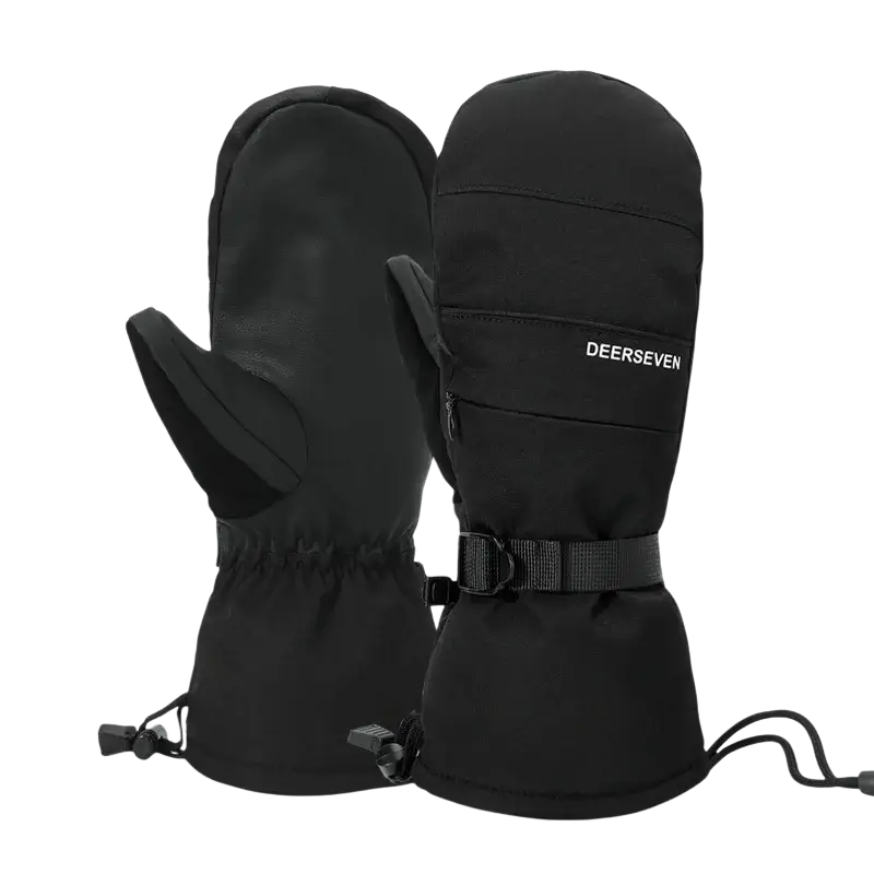 Black deer seven winter ski mittens with adjustable strap and drawstring cuff for cold weather and snowboard use