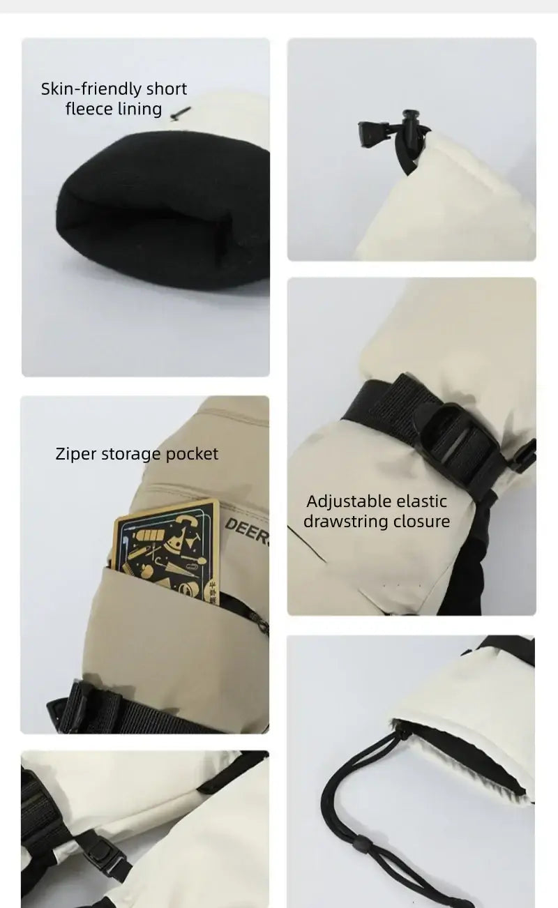 Cream-colored ski mittens with insulated fleece lining and black elastic drawstring closure for cold weather use