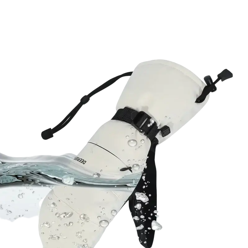 White waterproof bootie with black strap and buckle designed for cold weather ski mittens and snowboard mittens use