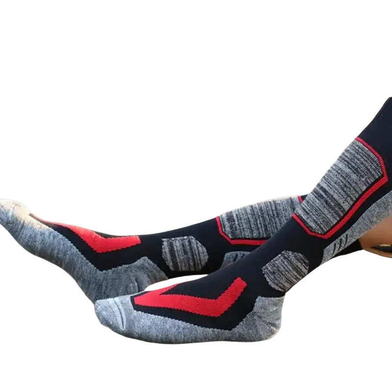 Black and gray ski socks with red accent panels textured knit cotton thermal winter sports tube height men women