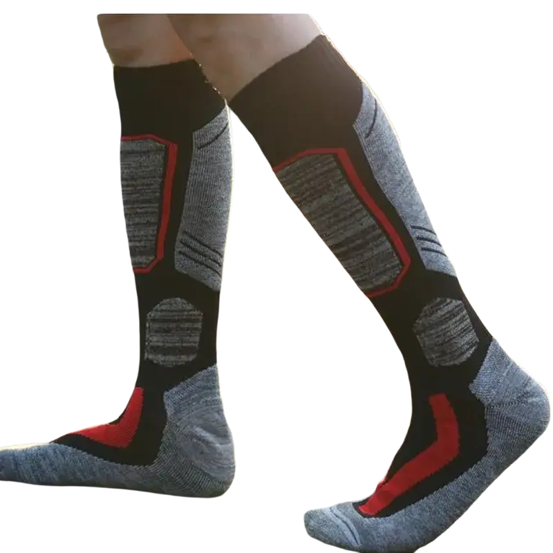 Black gray and red thermal ski socks with textured knit cotton design featuring optimal tube height and foot length
