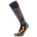 Navy blue gray and orange patterned cotton ski socks with textured knit design ideal for thermal winter sports