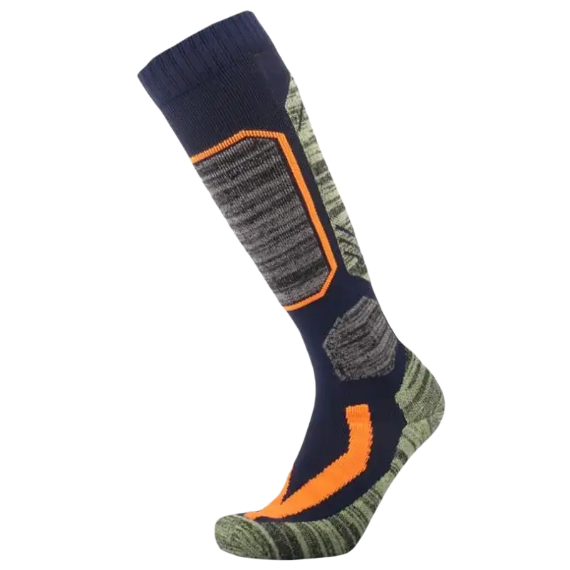 Navy blue gray and orange patterned cotton ski socks with textured knit design ideal for thermal winter sports