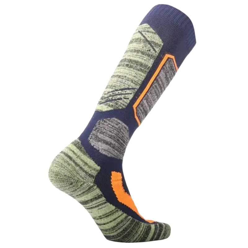 Navy blue olive green and gray thermal ski socks with orange accents cotton for men women foot length and tube height