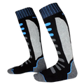 Black gray and light blue thick cotton thermal ski socks with ribbed cuffs and reinforced panels for winter sports