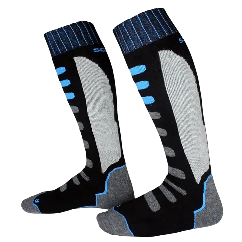 Black gray and light blue thick cotton thermal ski socks with ribbed cuffs and reinforced panels for winter sports