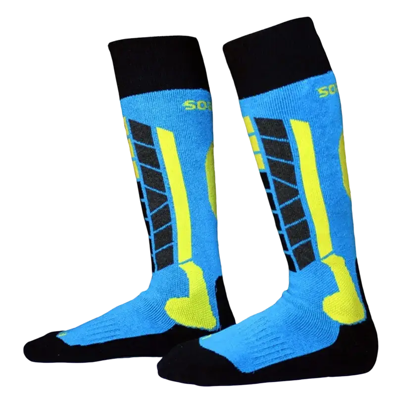 Bright blue and neon yellow thick cotton thermal ski socks with black accents and so brand logo for winter sports