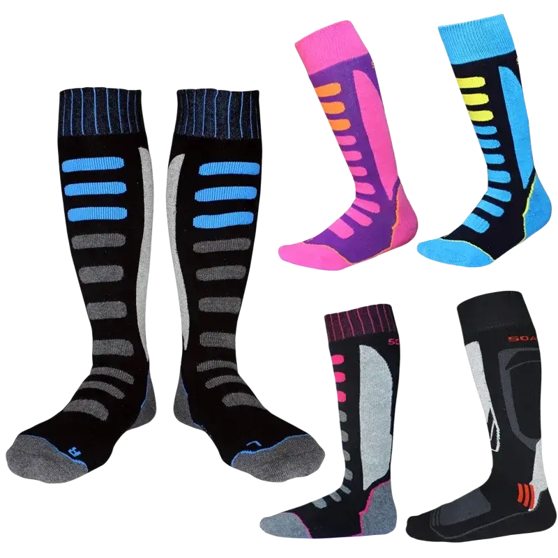 Colorful thick cotton thermal ski socks in vibrant patterns designed for high performance family winter sports use
