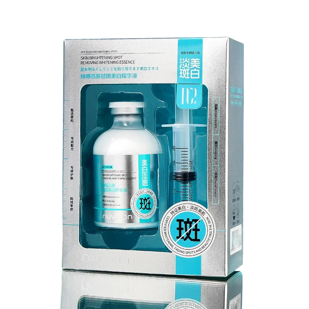 Silver and teal skincare essence bottle with syringe applicator in packaging labeled skin brightening face serum