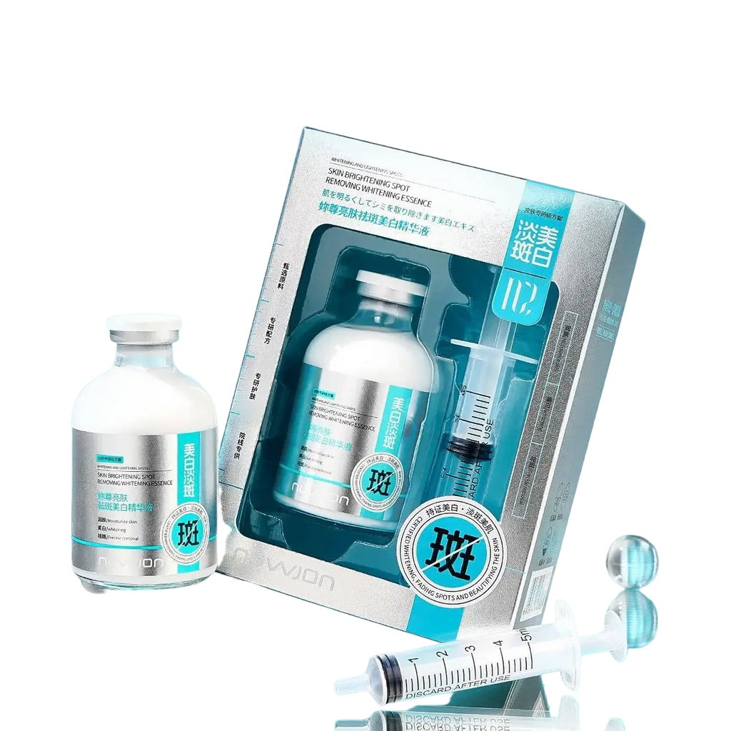 Skin brightening face serum set with silver and teal packaging glass bottle syringe applicator and branded chinese box