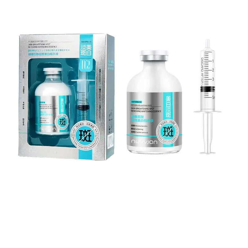 Skin brightening face serum with syringe applicator in silver and teal packaging for precise spot removal and whitening