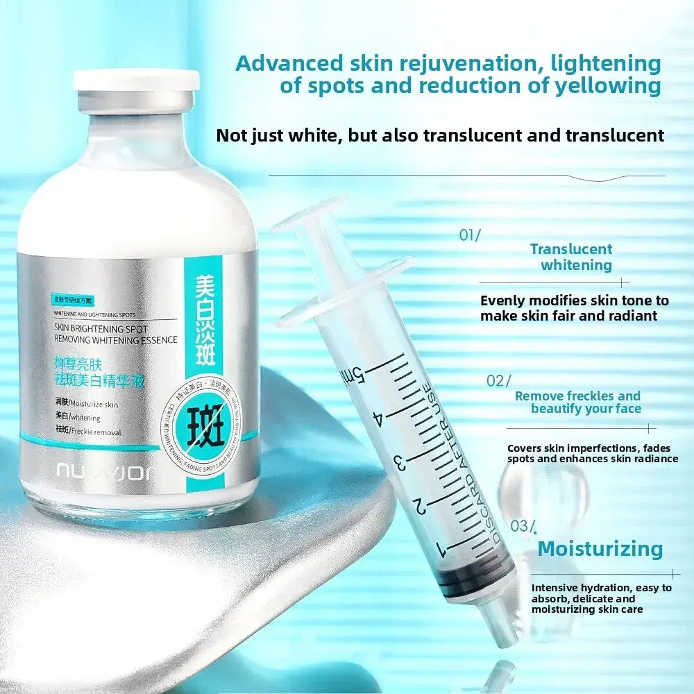 Silver and white nuwor skin brightening face serum with syringe applicator for precise spot removal and whitening essence