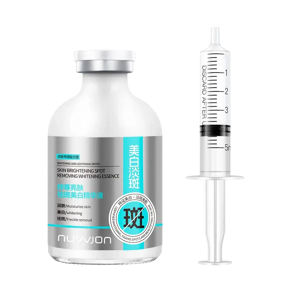 White glass bottle with silver cap and teal label nuwjon skin brightening spot removing essence next to 5ml syringe