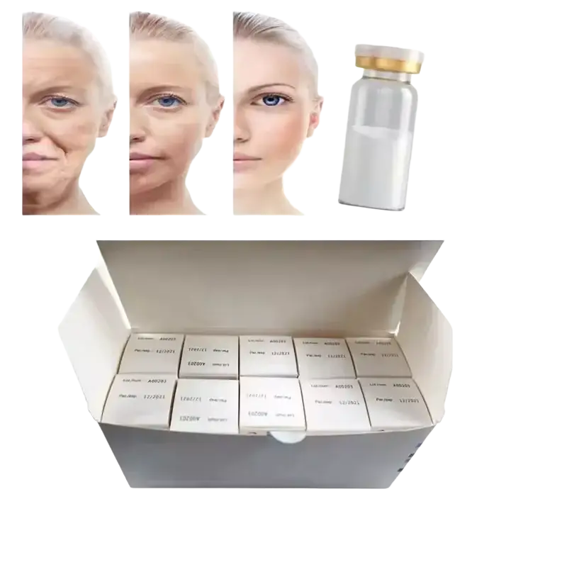 A clear glass vial with a gold cap containing white collagen essence for skin care moisturizing