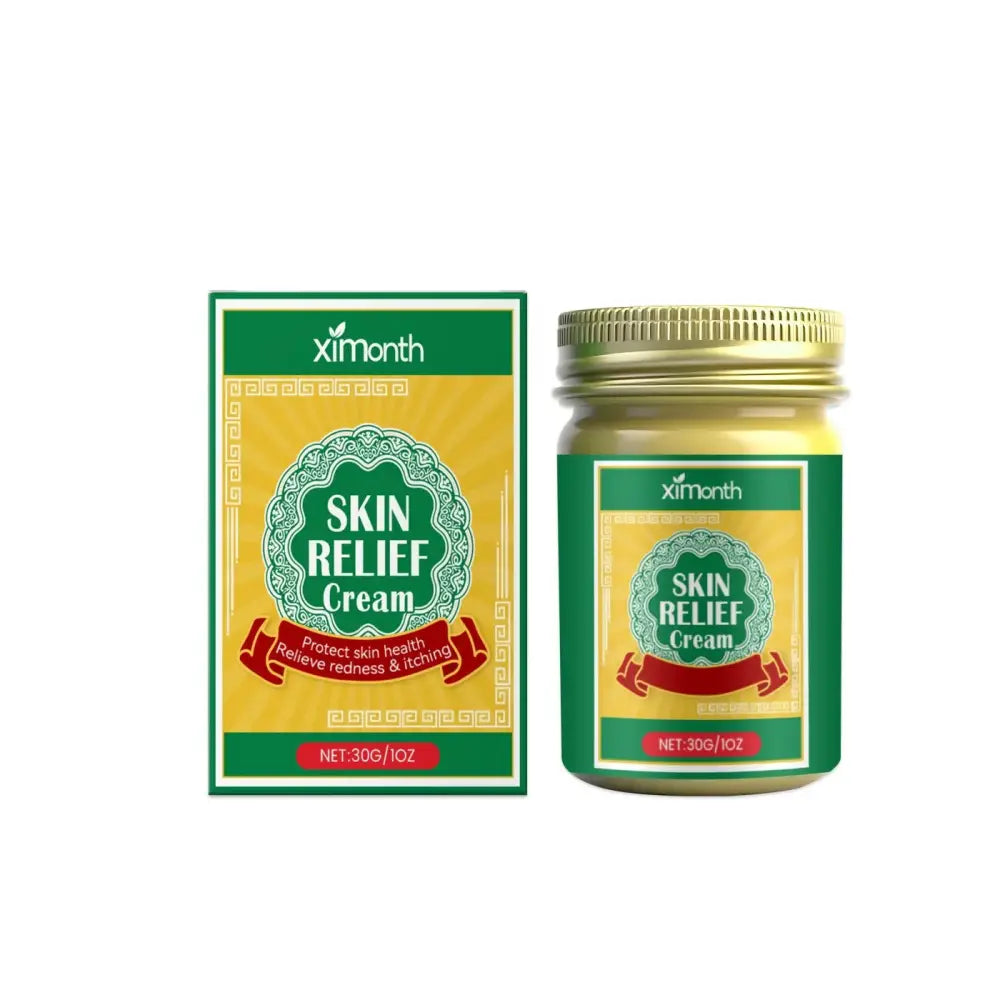 Xi month nourishing face cream for radiant skin relief in green and gold jar with matching box and traditional patterns