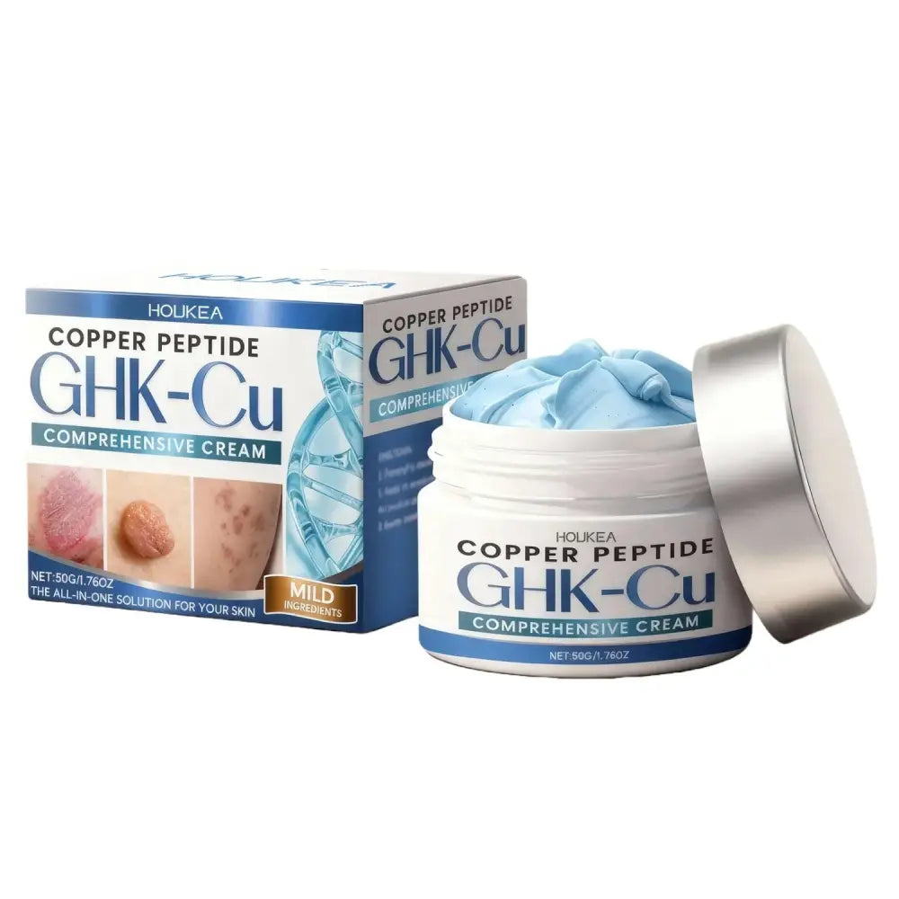 White jar with silver lid containing light blue copper peptide GHK-Cu daily moisturizing cream and its branded box