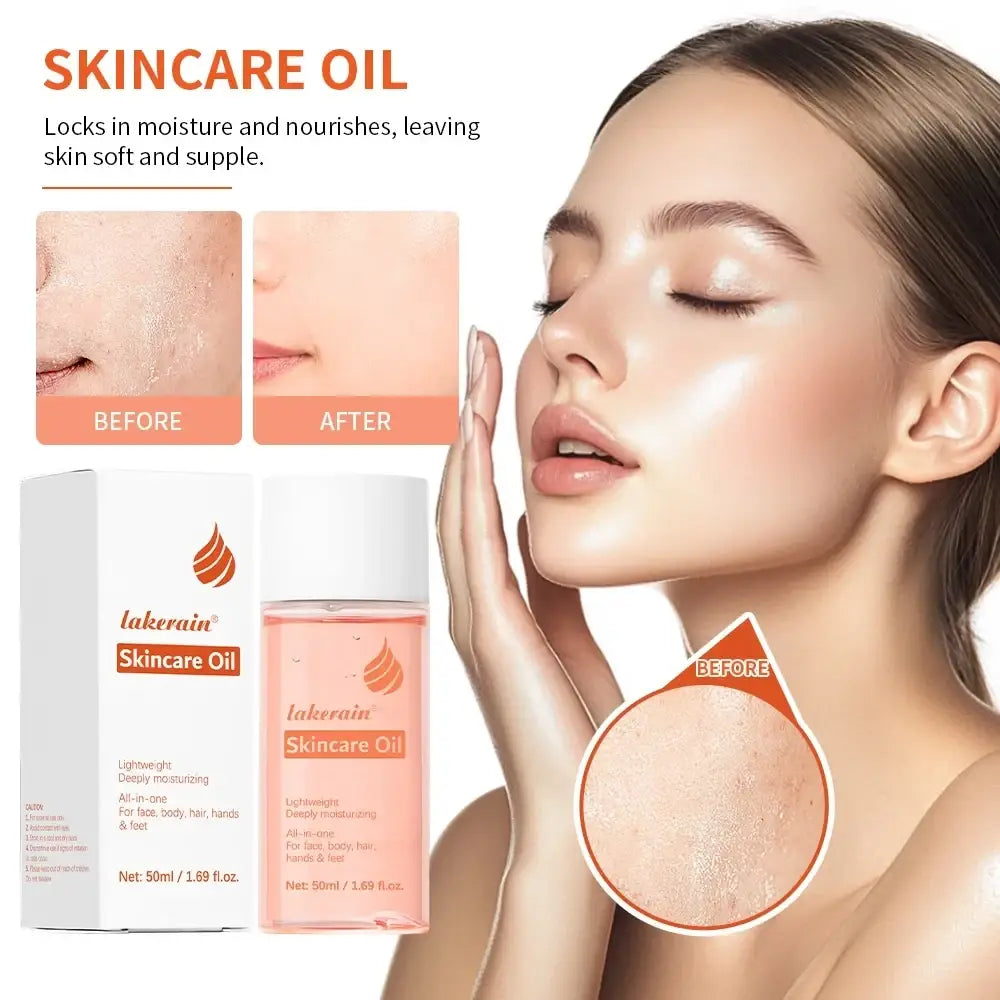 A clear glass bottle of lakerain skin care oil with pink liquid and white cap moisturizing deeply for face body hair hands and feet