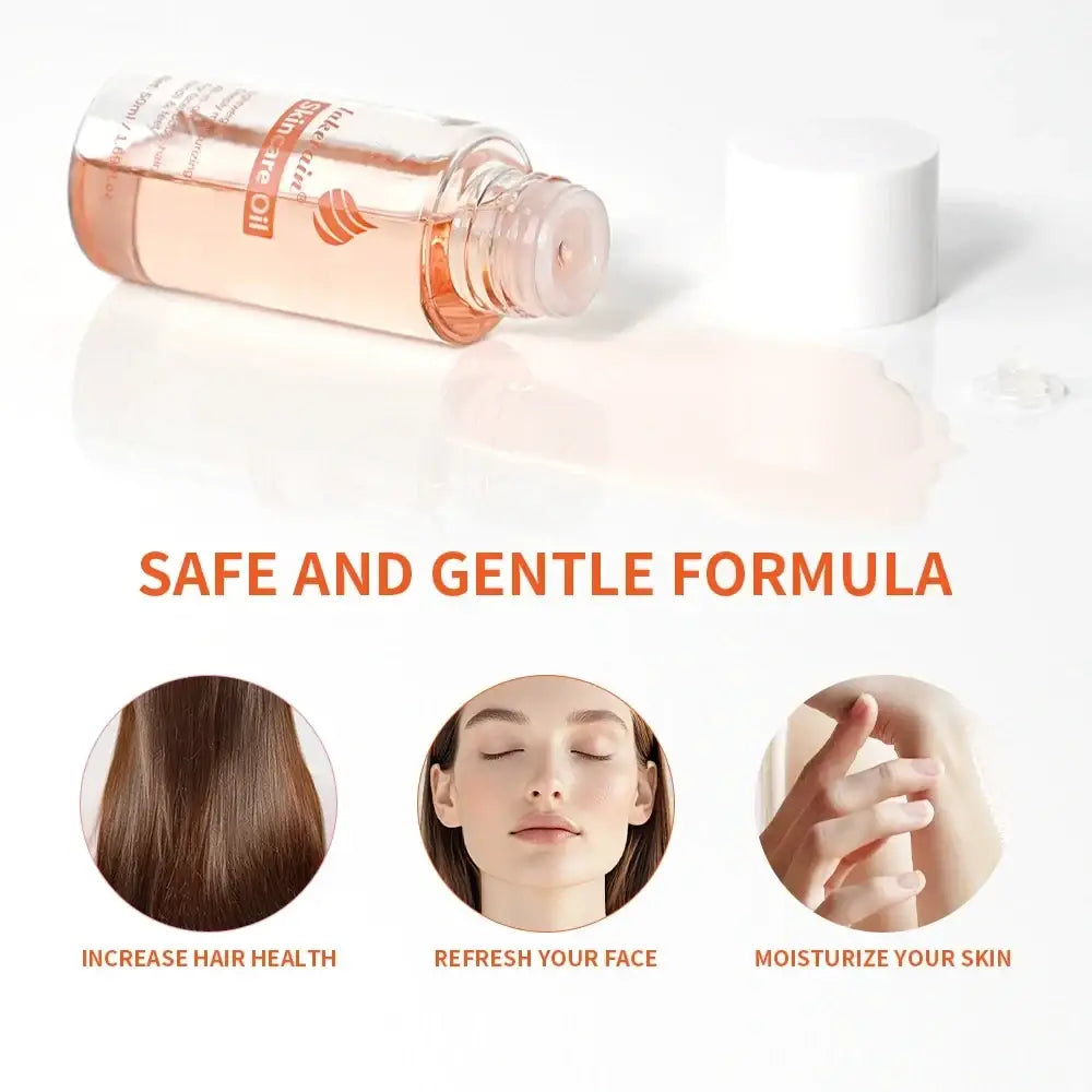 A clear glass bottle with white cap containing peach-colored lukas hair care oil for moisturizing skin care oil treatment