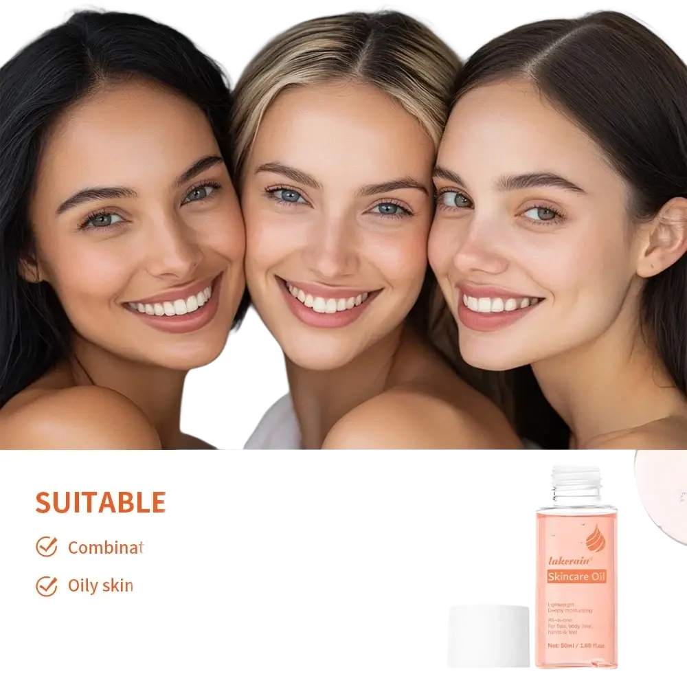 A clear glass bottle with white cap containing pinkish-orange lakernic skin care oil for moisturizing hydrating body treatment