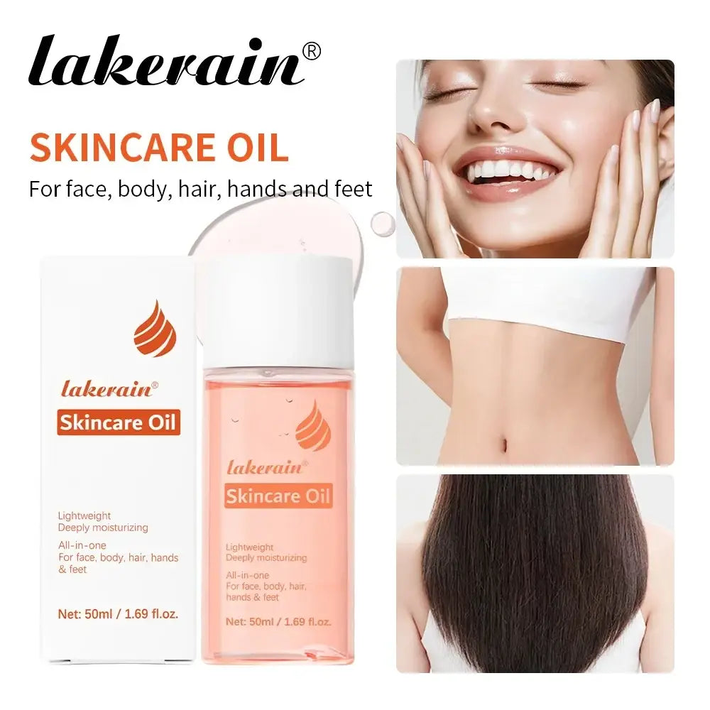Lakerain skin care oil in clear glass bottle with white cap and pink moisturizing hydrating body treatment liquid