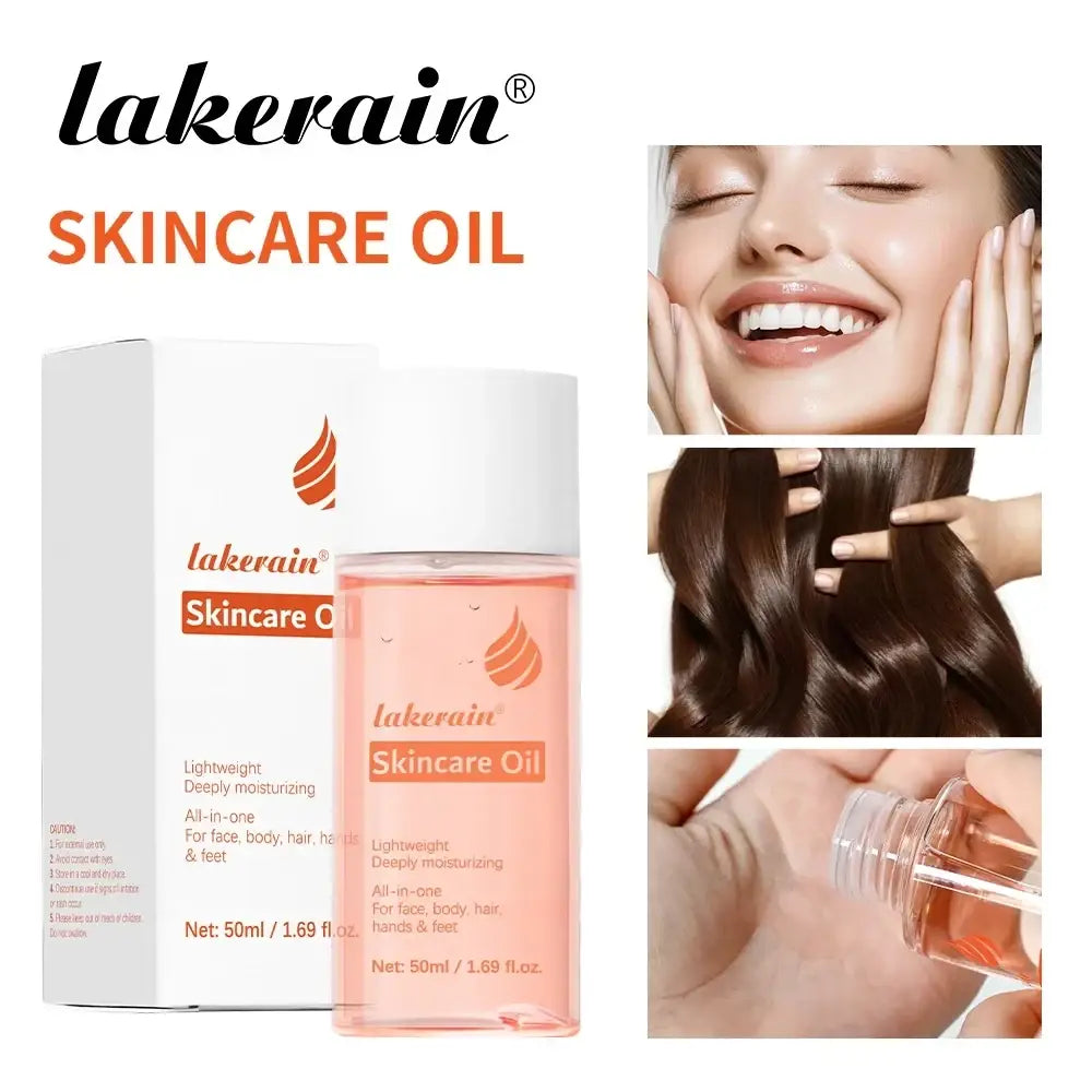 Lakerain skin care oil moisturizing hydrating body treatment in clear glass bottle with white cap and light pink liquid
