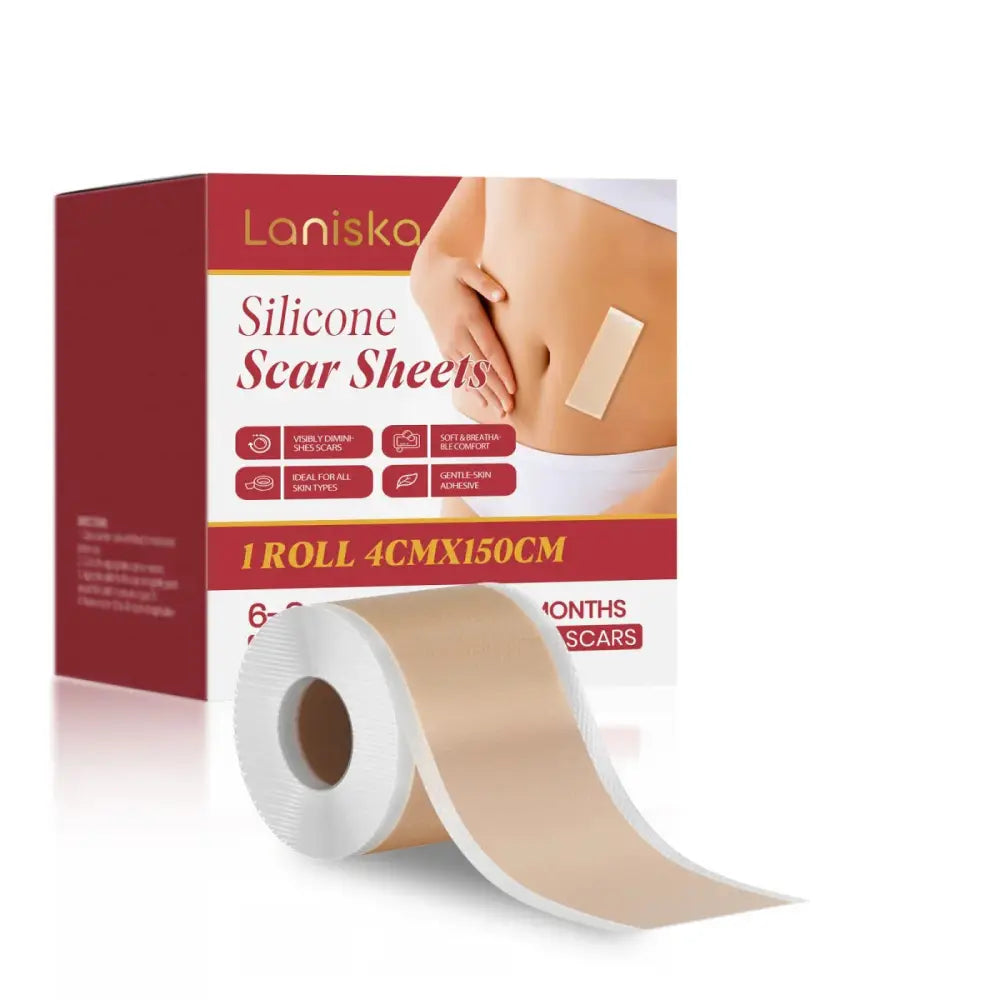 Beige silicone scar sheet roll with white core by Laniska designed for scar repair and care use