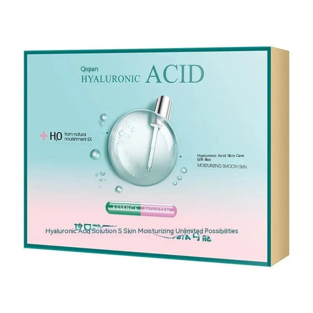 Teal and pink gradient box containing a hyaluronic acid hydrating skincare gift set with clear dropper bottle illustration